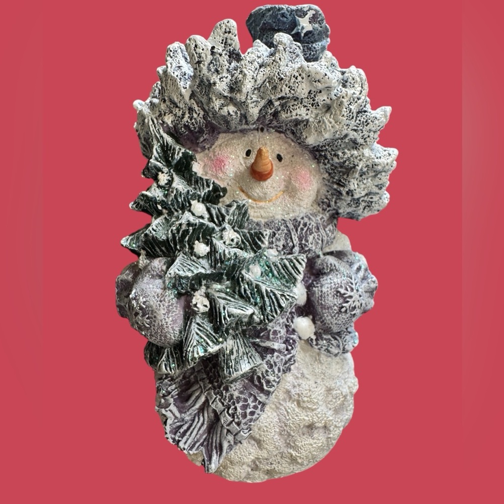 Snow Buddies Vintage Resin Sugar Glittered-snowman in a hat, scarf, mittens EUC